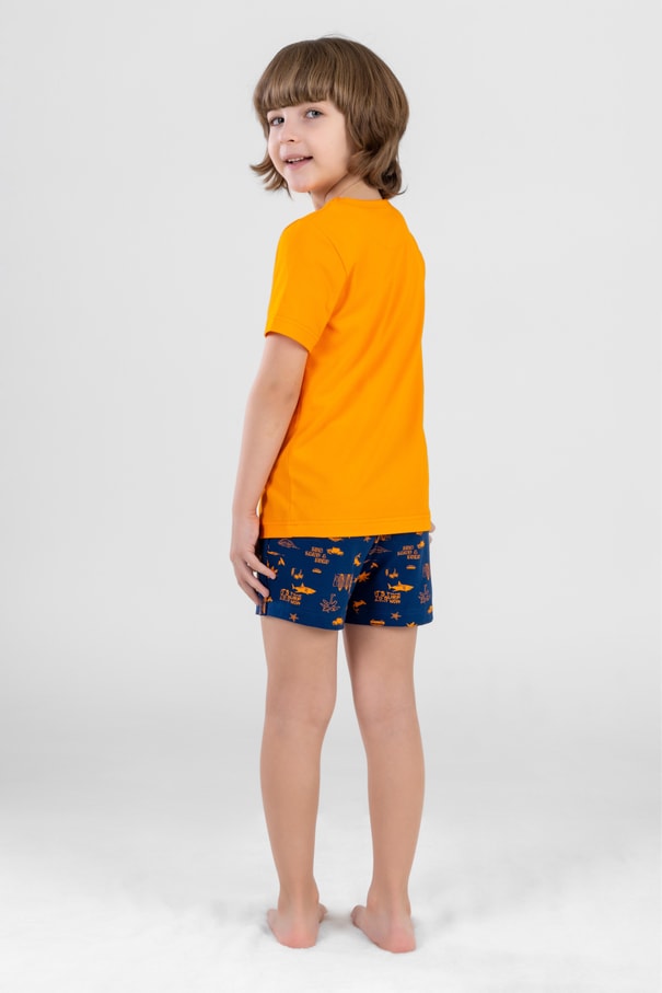 Erkek Çocuk Pamuklu Bisiklet Yaka Baskılı Kısa Kollu Şortlu Pijama Takımı 9613 Sarı