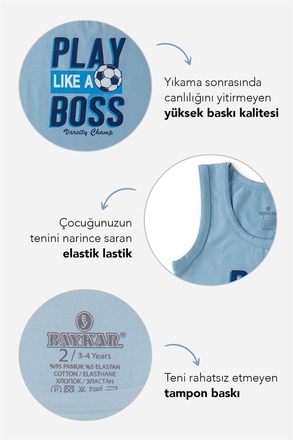 Erkek Çocuk Pamuklu Bisiklet Yaka Baskılı Atlet Tişört 3'lü Paket 2360 Renkli