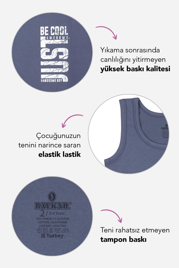 Erkek Çocuk Pamuklu Bisiklet Yaka Baskılı Atlet Tişört 3'lü Paket 2951 Renkli