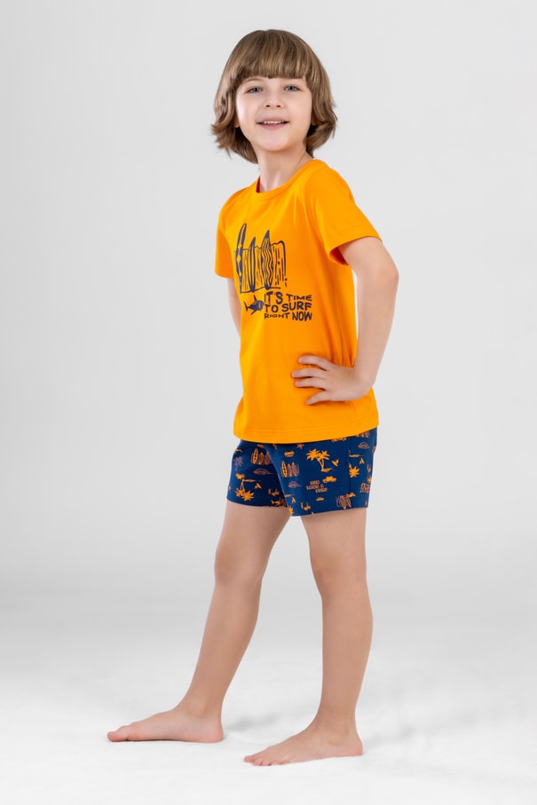 Erkek Çocuk Pamuklu Bisiklet Yaka Baskılı Kısa Kollu Şortlu Pijama Takımı 9613 Sarı