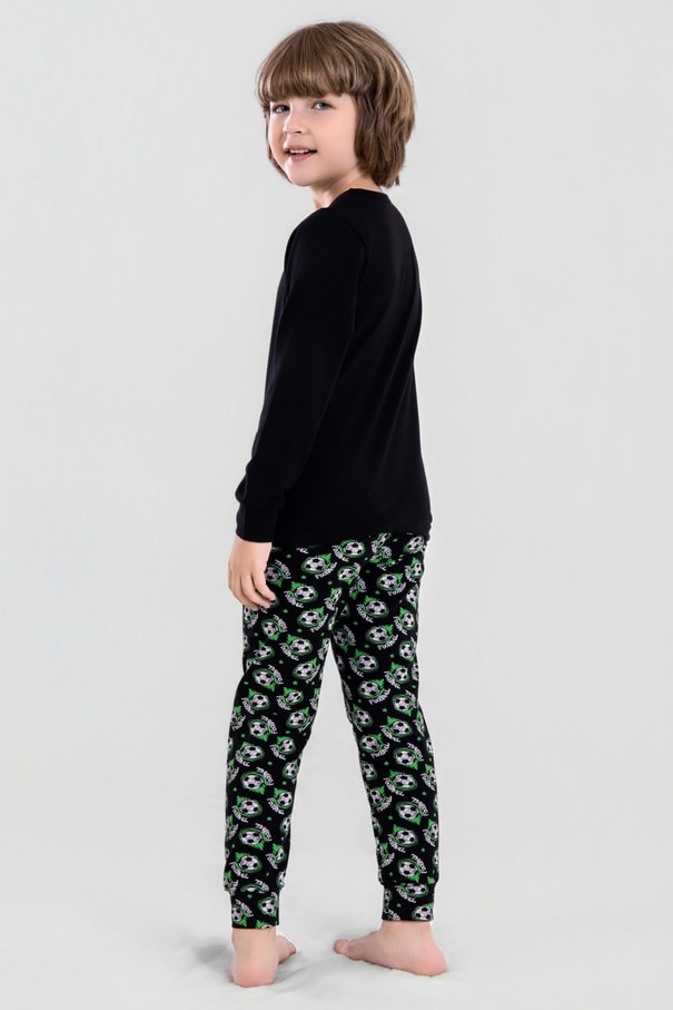 Erkek Çocuk Pamuklu Bisiklet Yaka Futbol Topu Baskılı Uzun Kollu Pijama Takımı 9622-1 Yeşil