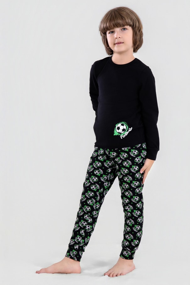 Erkek Çocuk Pamuklu Bisiklet Yaka Futbol Topu Baskılı Uzun Kollu Pijama Takımı 9622-1 Yeşil