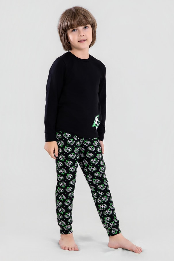 Erkek Çocuk Pamuklu Bisiklet Yaka Futbol Topu Baskılı Uzun Kollu Pijama Takımı 9622-1 Yeşil