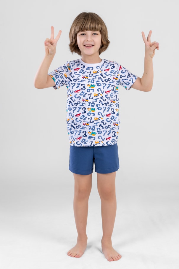 Erkek Çocuk Pamuklu Bisiklet Yaka Rakam Baskılı Kısa Kollu Şortlu Pijama Takımı 9610 Beyaz