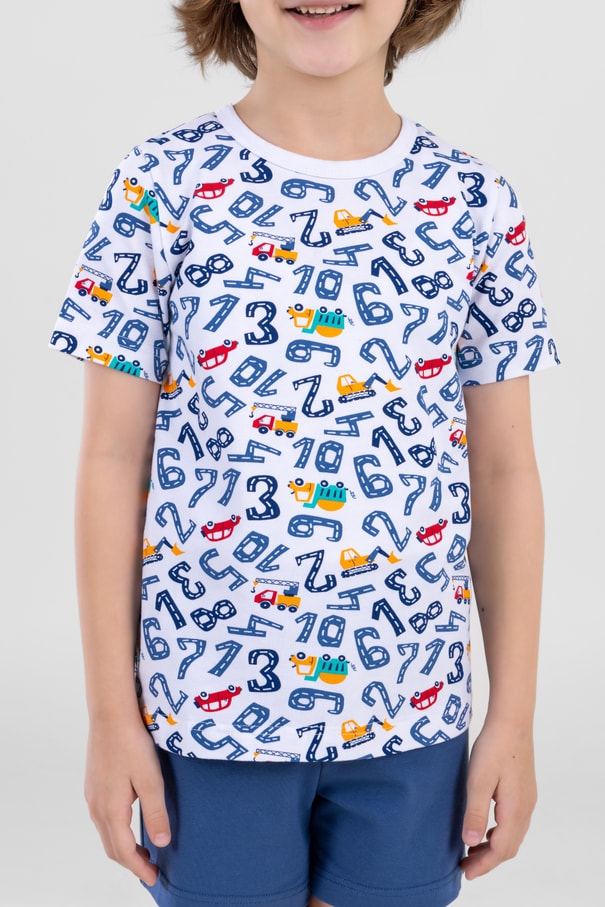 Erkek Çocuk Pamuklu Bisiklet Yaka Rakam Baskılı Kısa Kollu Şortlu Pijama Takımı 9610 Beyaz