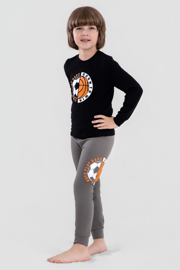 Erkek Çocuk Pamuklu Bisiklet Yaka Top Baskılı Uzun Kollu Pijama Takımı 9621-1 Siyah