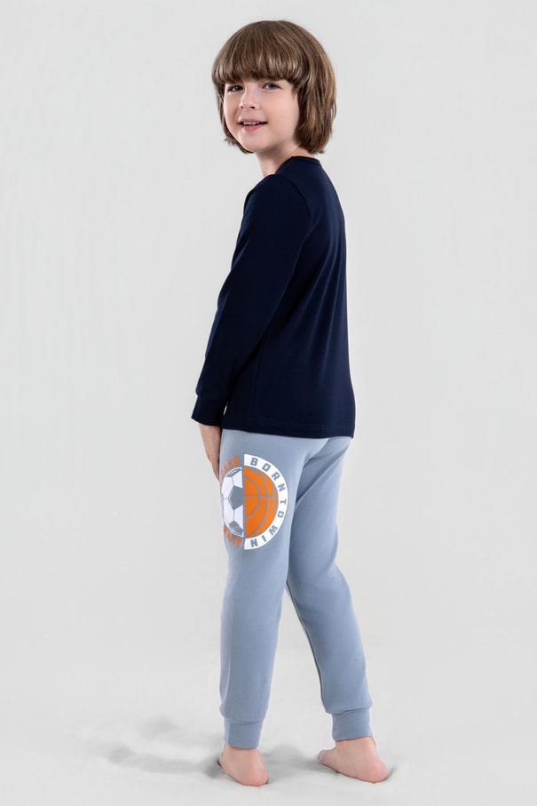 Erkek Çocuk Pamuklu Bisiklet Yaka Top Baskılı Uzun Kollu Pijama Takımı 9621-1 Mavi