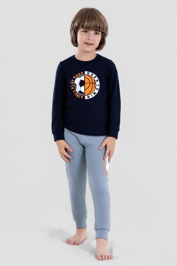 Erkek Çocuk Pamuklu Bisiklet Yaka Top Baskılı Uzun Kollu Pijama Takımı 9621-1 Mavi