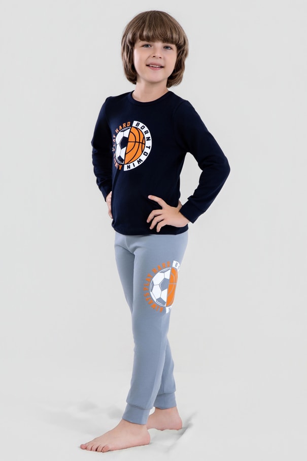 Erkek Çocuk Pamuklu Bisiklet Yaka Top Baskılı Uzun Kollu Pijama Takımı 9621-1 Mavi