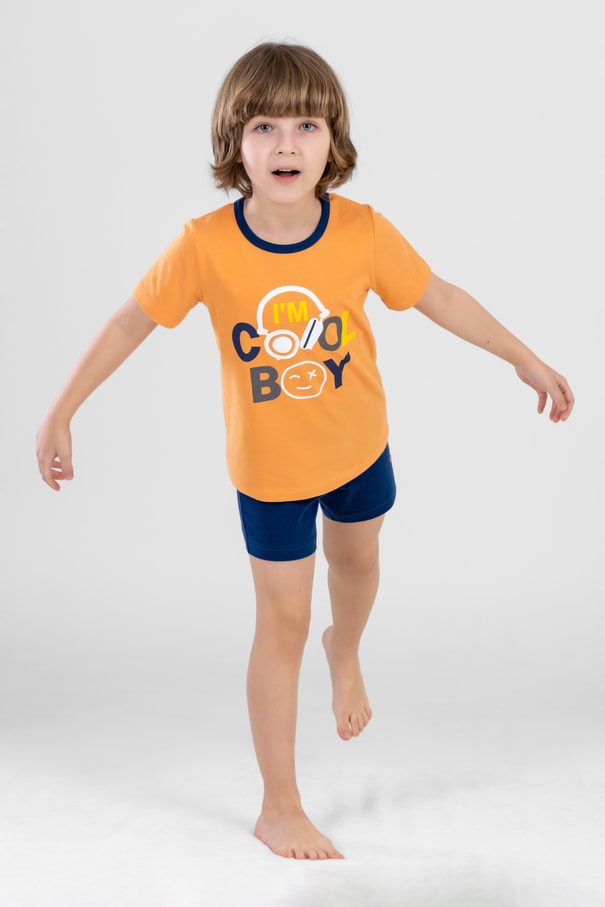 Erkek Çocuk Pamuklu Bisiklet Yaka Yazı Baskılı Kısa Kollu Şortlu Pijama Takımı 9612 Sarı