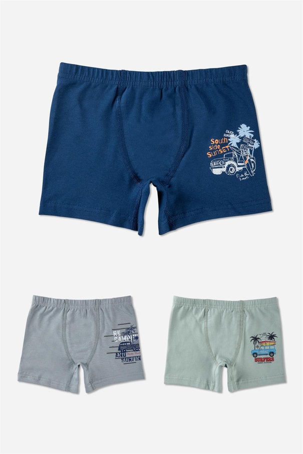 Erkek Çocuk Pamuklu Desenli Likralı Boxer 3'lü Paket 3344 Lacivert