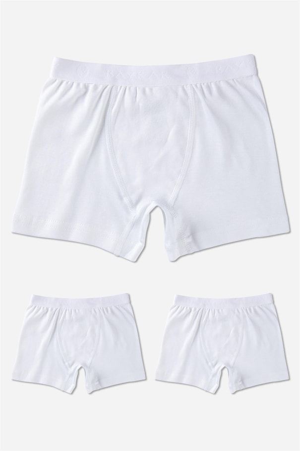 Erkek Çocuk Pamuklu Düz Klasik Rahat Kesim Boxer 3'lü Paket Beyaz