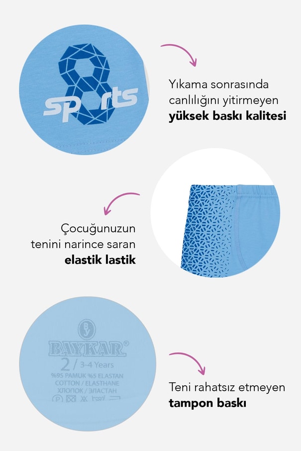 Erkek Çocuk Pamuklu Likralı Bisiklet Yaka Baskılı Klasik Kalın Askılı Atlet Boxer Takım Tekli 2926 Mavi