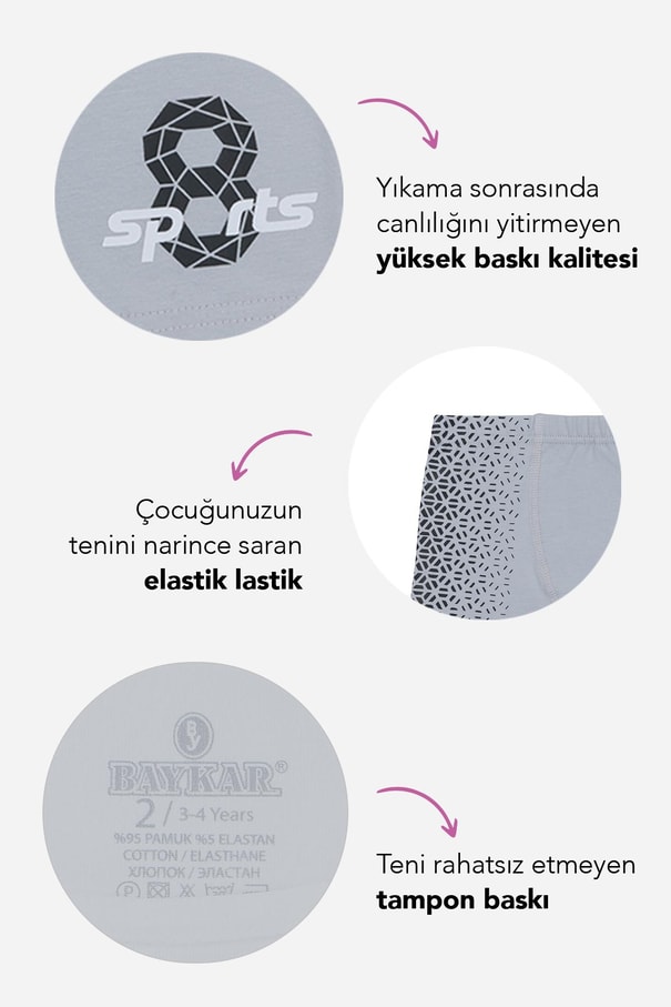 Erkek Çocuk Pamuklu Likralı Bisiklet Yaka Baskılı Klasik Kalın Askılı Atlet Boxer Takım Tekli 2926 Gri