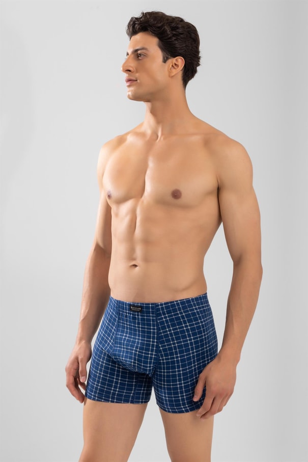 Erkek Ekose Desenli Likralı Pamuklu Compact Boxer Lacivert
