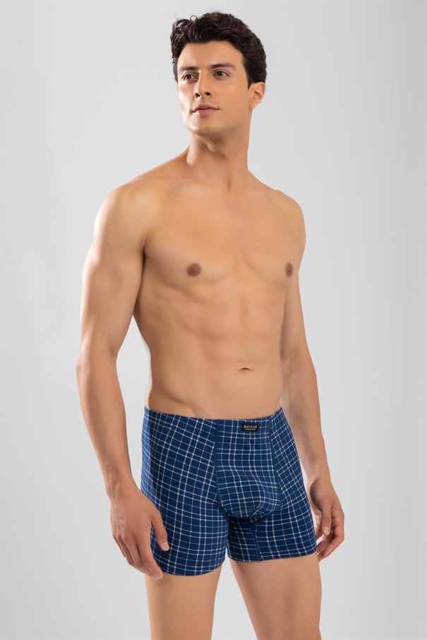 Erkek Ekose Desenli Likralı Pamuklu Compact Boxer Lacivert