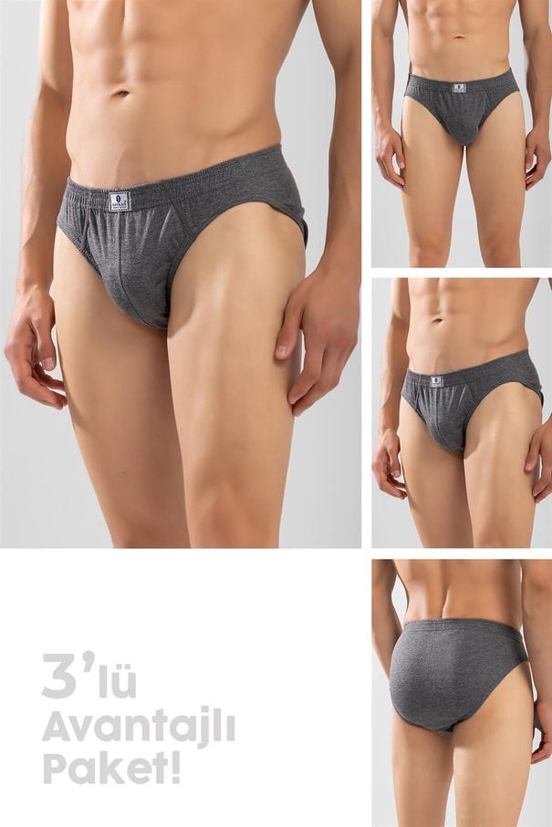 Erkek Pamuklu Beli Lastikli Düz Slip Külot 3'lü Paket Füme