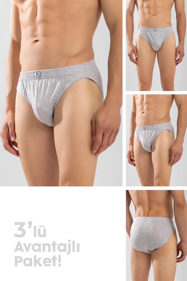 Erkek Pamuklu Beli Lastikli Düz Slip Külot 3'lü Paket Gri Melanj