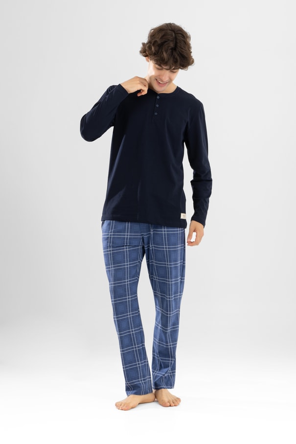 Erkek Pamuklu Bisiklet Yaka Baskılı Uzun Kollu Pijama Takımı 9803 Lacivert