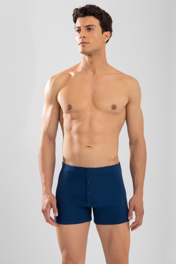 Erkek Pamuklu Düz Compact Likralı Önden Düğmeli Boxer Lacivert