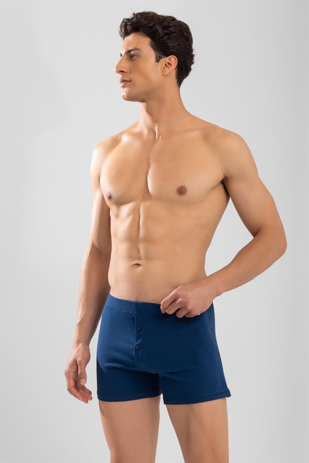 Erkek Pamuklu Düz Compact Likralı Önden Düğmeli Boxer Lacivert