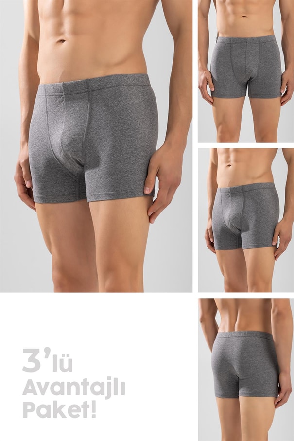 Erkek Pamuklu Likralı Düz Boxer3'lü Paket Boyalı Gri