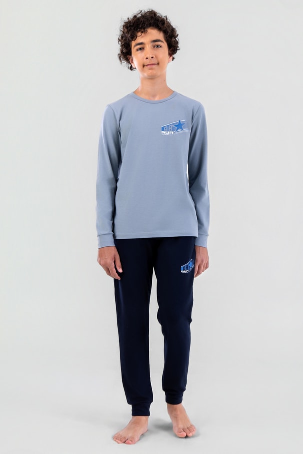 Genç Erkek Çocuk Pamuklu Bisiklet Yaka Uzun Kollu Pijama Takımı 9624-1 Mavi