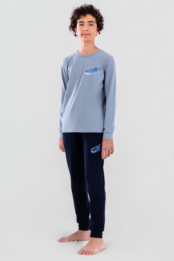 Genç Erkek Çocuk Pamuklu Bisiklet Yaka Uzun Kollu Pijama Takımı 9624-1 Mavi
