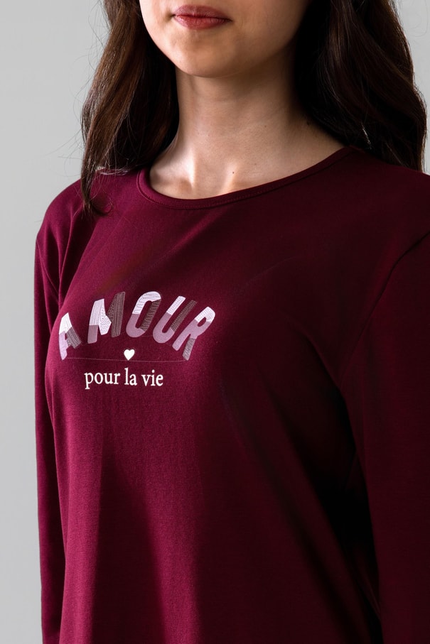 Genç Kız Çocuk Pamuklu Bisiklet Yaka Amour Baskılı Uzun Kollu Pijama Takımı 9252 Bordo