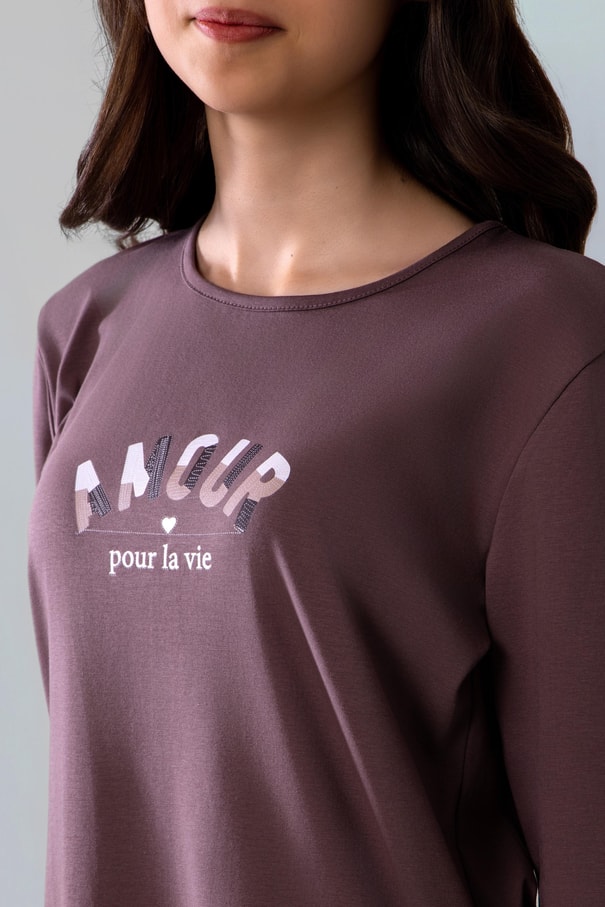 Genç Kız Çocuk Pamuklu Bisiklet Yaka Amour Baskılı Uzun Kollu Pijama Takımı 9252 Füme