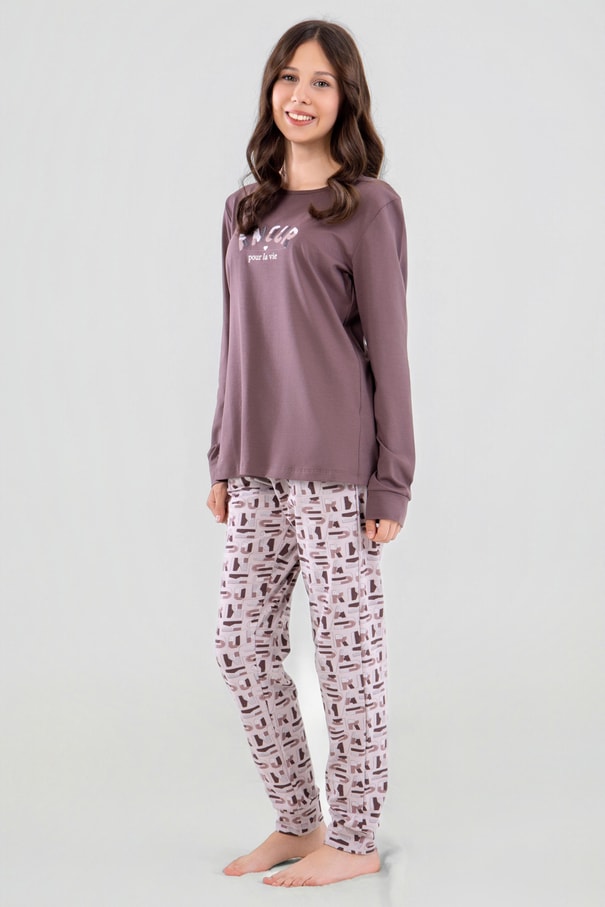 Genç Kız Çocuk Pamuklu Bisiklet Yaka Amour Baskılı Uzun Kollu Pijama Takımı 9252 Füme