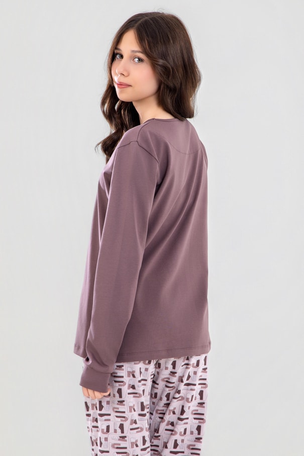 Genç Kız Çocuk Pamuklu Bisiklet Yaka Amour Baskılı Uzun Kollu Pijama Takımı 9252 Füme