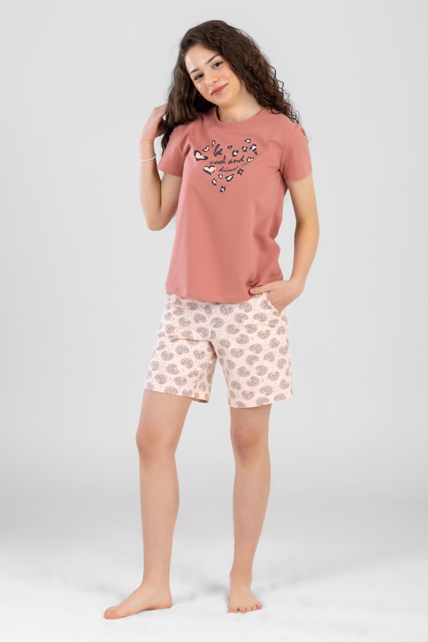 Genç Kız Çocuk Pamuklu Bisiklet Yaka Kalp Desen Baskılı Kısa Kollu Şortlu Pijama Takımı 9244 Somon