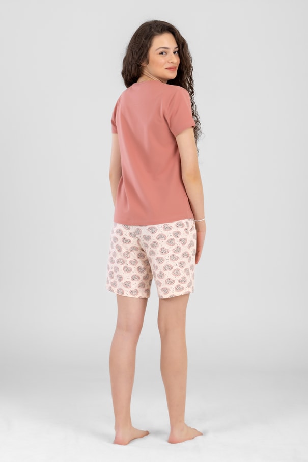 Genç Kız Çocuk Pamuklu Bisiklet Yaka Kalp Desen Baskılı Kısa Kollu Şortlu Pijama Takımı 9244 Somon