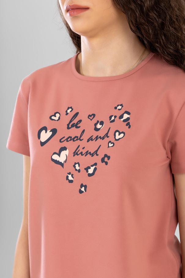 Genç Kız Çocuk Pamuklu Bisiklet Yaka Kalp Desen Baskılı Kısa Kollu Şortlu Pijama Takımı 9244 Somon