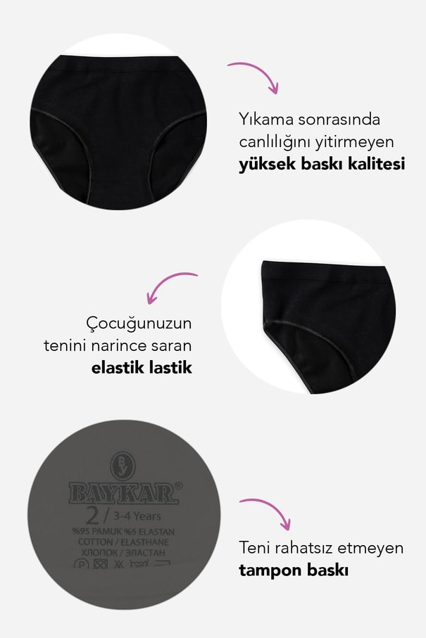 Genç Kız Çocuk Pamuklu Likralı Bikini Kesim Düz Basic Külot 6'lı Paket 5005 Siyah