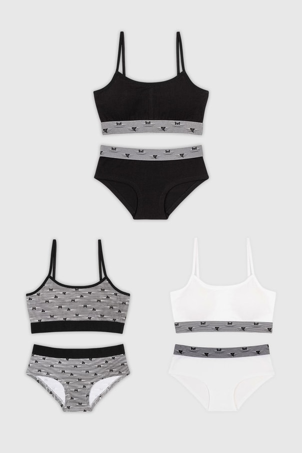 Genç Kız Pamuklu Desenli İnce İp Askılı Büstiyer Bikini Külot Takımı 3lü Paket 7600 Renkli