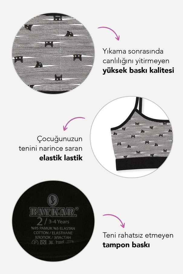 Genç Kız Pamuklu Desenli İnce İp Askılı Büstiyer Bikini Külot Takımı 3lü Paket 7600 Renkli
