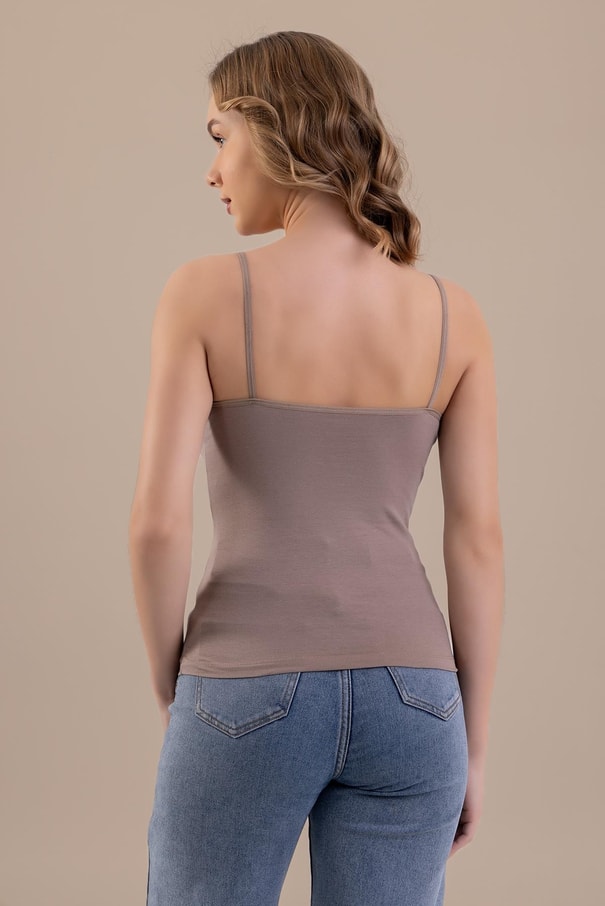 İp Askılı Oval Yaka Pamuklu Basic Kadın Atlet 6305 Kahve