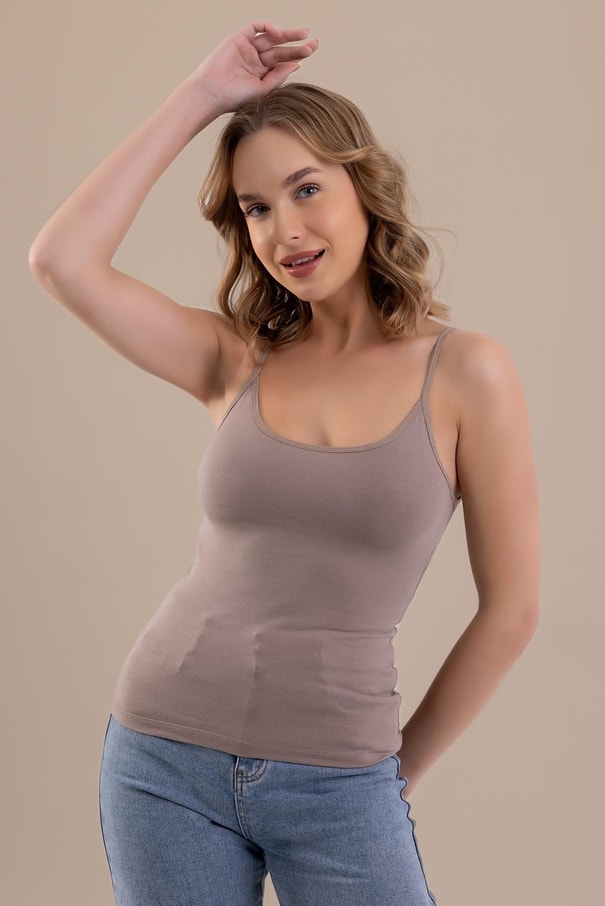 İp Askılı Oval Yaka Pamuklu Basic Kadın Atlet 6305 Kahve