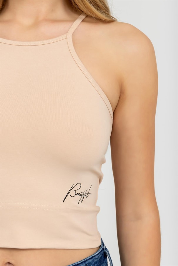 Kadın Halter Yaka İnce Askılı Crop Bluz Ten Rengi
