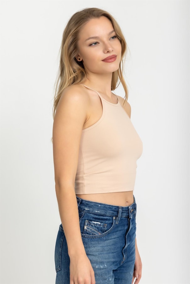 Kadın Halter Yaka İnce Askılı Crop Bluz Ten Rengi