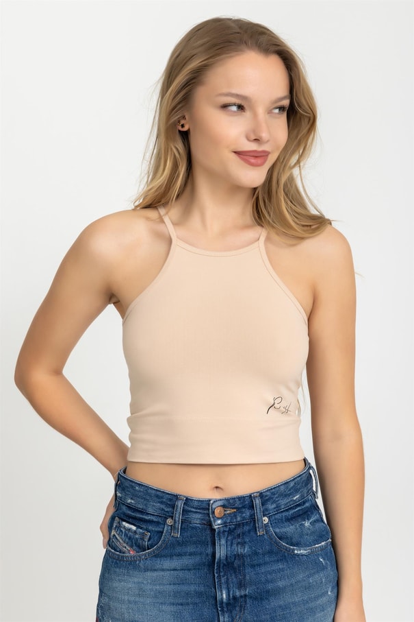 Kadın Halter Yaka İnce Askılı Crop Bluz Ten Rengi