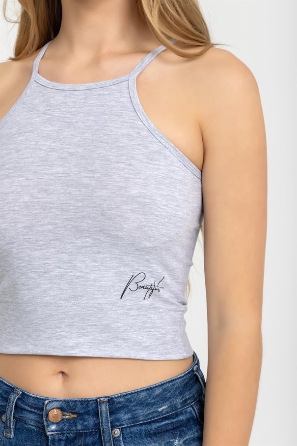 Kadın Halter Yaka İnce Askılı Crop Bluz Gri