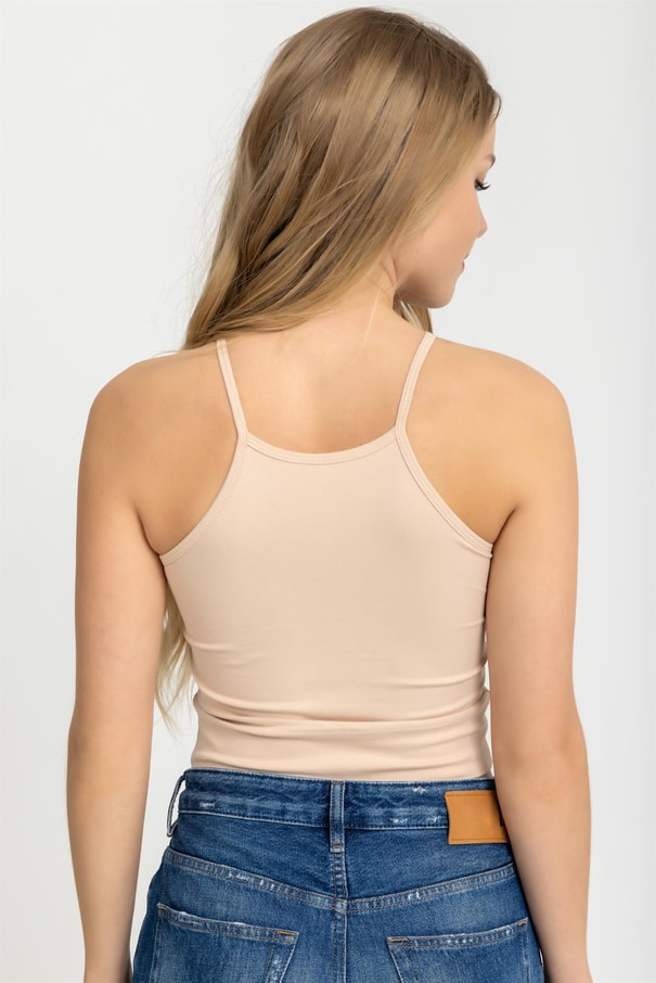 Kadın Halter Yaka İnce Askılı Crop Bluz Ten Rengi
