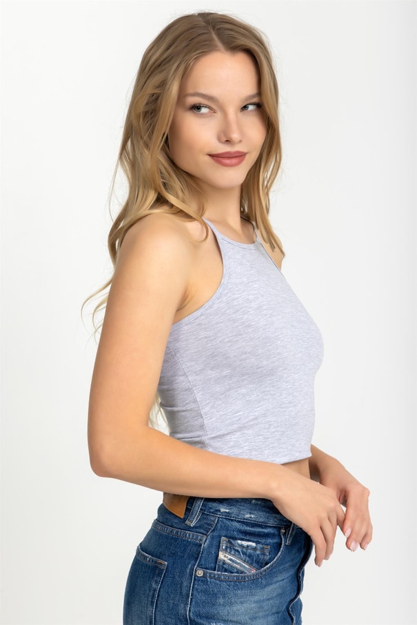 Kadın Halter Yaka İnce Askılı Crop Bluz Gri