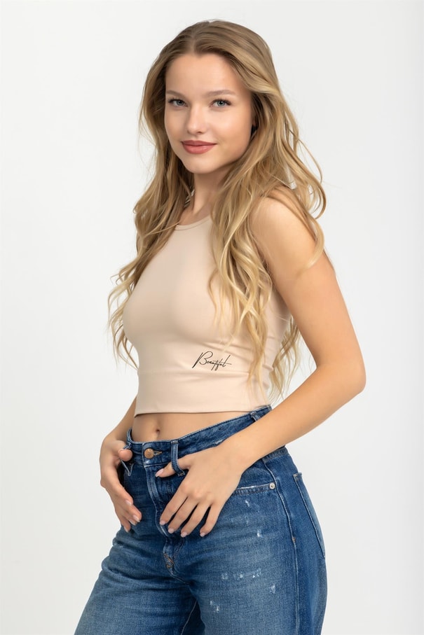Kadın Halter Yaka İnce Askılı Crop Bluz Ten Rengi