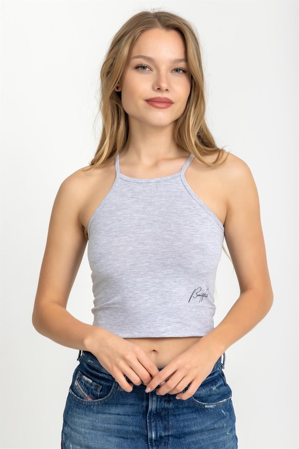 Kadın Halter Yaka İnce Askılı Crop Bluz Gri