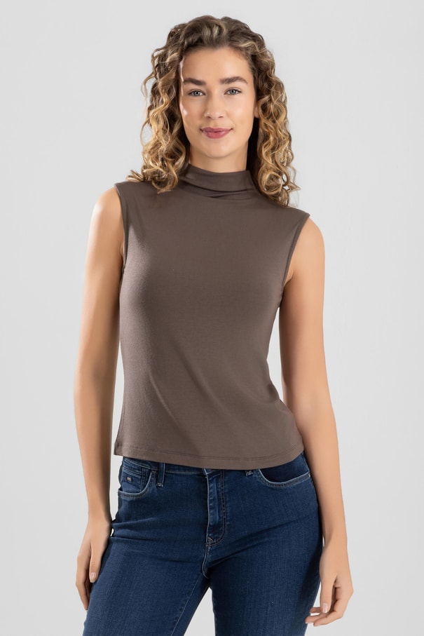 Kadın Modal Likralı Yarım Balıkçı Yaka Sıfır Kol Body 6316 Kahve
