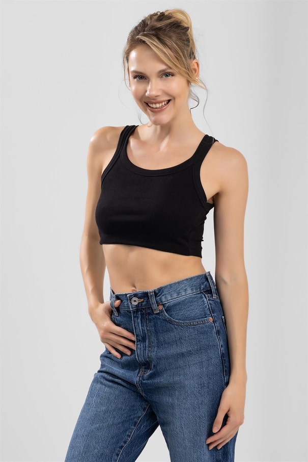 Kadın Oval Yaka Kalın Askılı Kaşkorse Crop Büstiyer Siyah